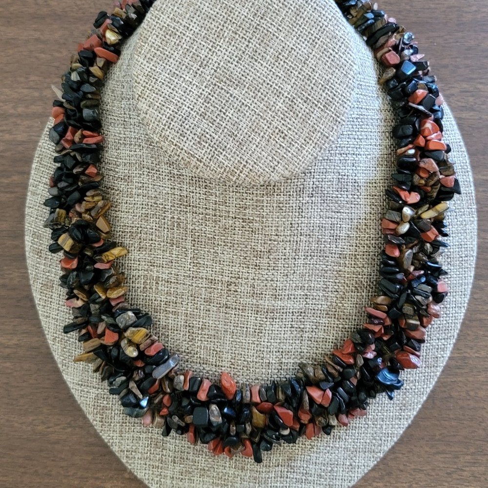 Necklace Stone Pieces Orange Brown Black Fashion Costume Jewelry 16" w/ Extender